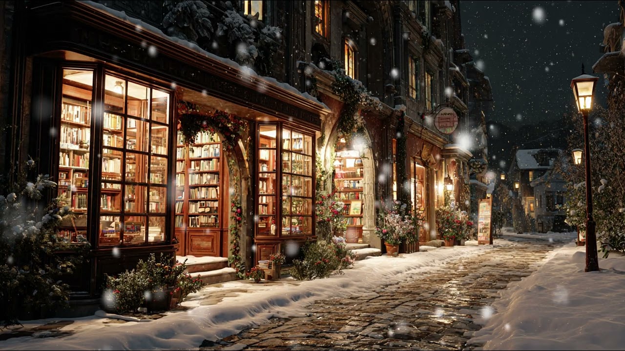 Snowy Village Bookstore at Night 📚❄️| Cozy Guitar & Piano Ambience | Music for Studying and Relaxing