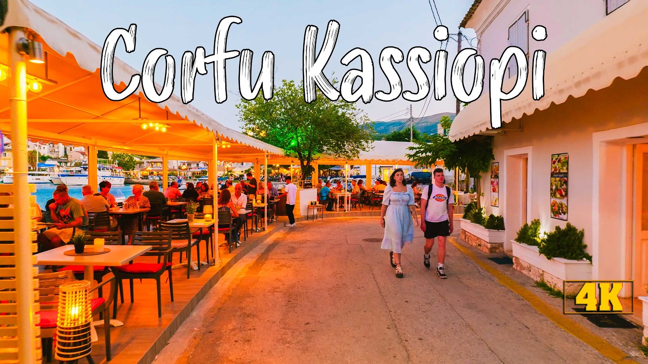 Corfu Greece, explore Kassiopi (Κασσιόπη) tiny lovely seaside village, walking tour 4k, Greece