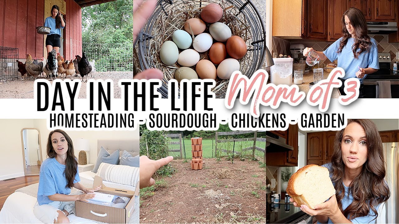 DAY IN THE LIFE STAY AT HOME MOM OF 3 HOMESTEADING // CHICKENS, SOURDOUGH, GARDEN, SLOW CLOTHING