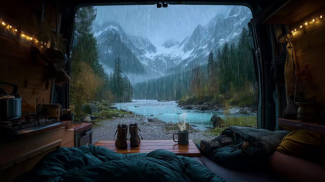 Experience Tranquil Nights with Rain In Campervan with Mountain River 🚐 Relax with the Calming Rain