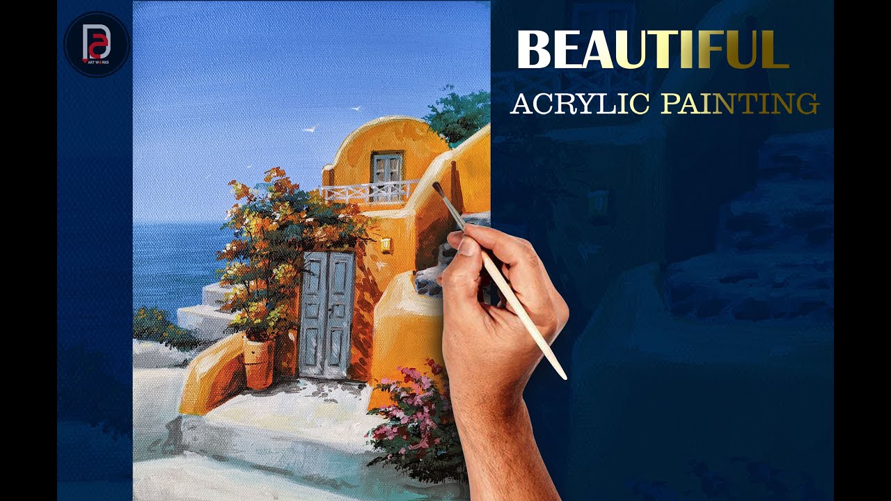 HOW TO DRAW MEDITERRANEAN HOUSE SEA PAINTING / ACRYLIC PAINTING /DA ARTWORKS / STEP BY STEP