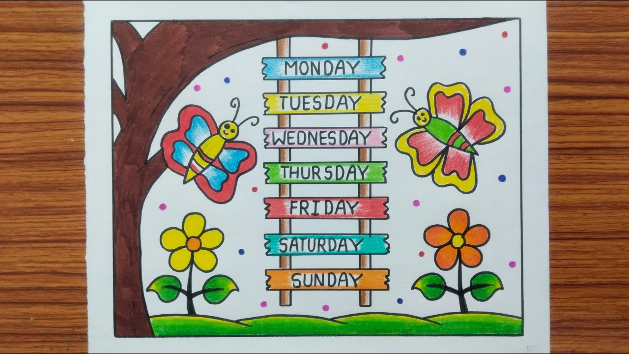 Day Of The Week Chart Ideas / How to Draw Day Of The Week Chart / English Projects On Chart Papers 