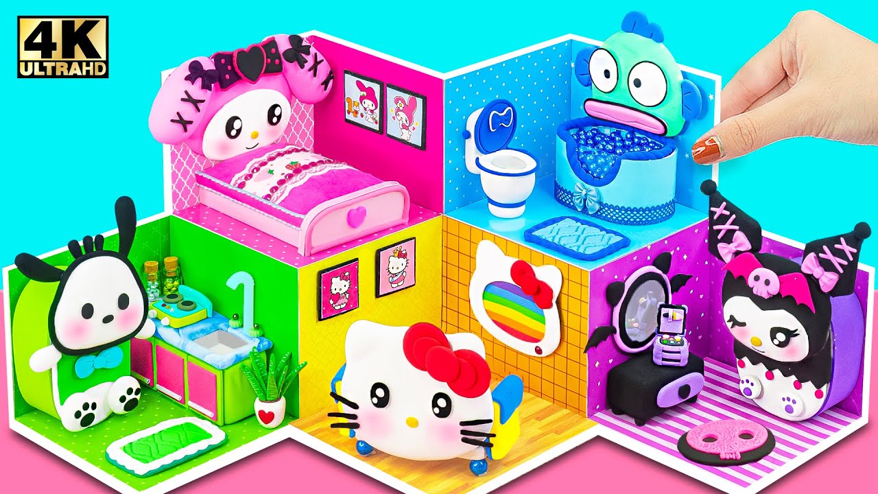 Make 5 Color Hello Kitty House with Cute My Melody Bedroom, Kuromi Room, Pochacco Kitchen from Clay
