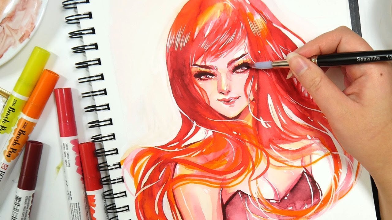 Ecoline Brush Pen Watercolor Art | Lady in Red
