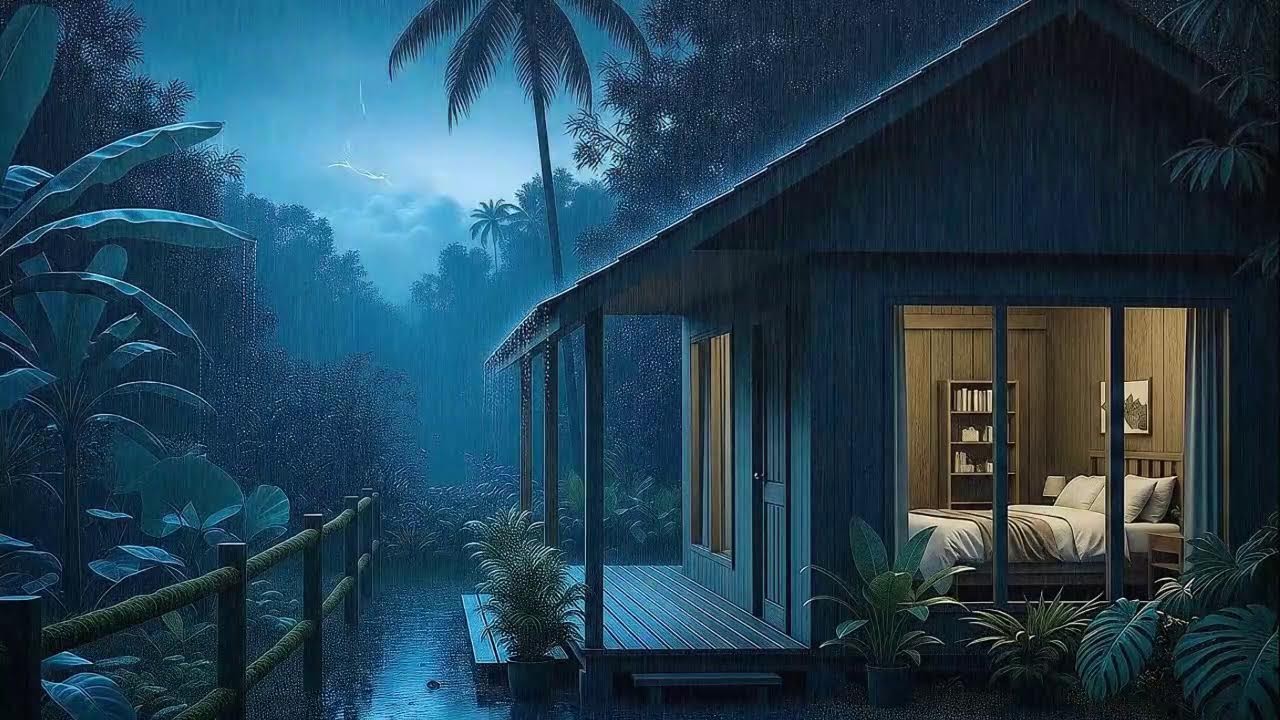 Soft Rain and Low Thunder Calm Brain Sleep Sounds in a Cozy Tropical Cabin 🌧️