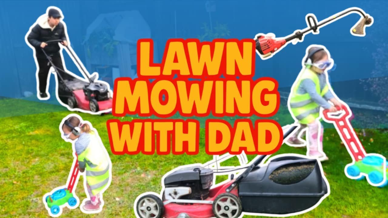 LAWN MOWING WITH DAD! LONG backyard CLEANUP! | Yard work videos for KIDS!