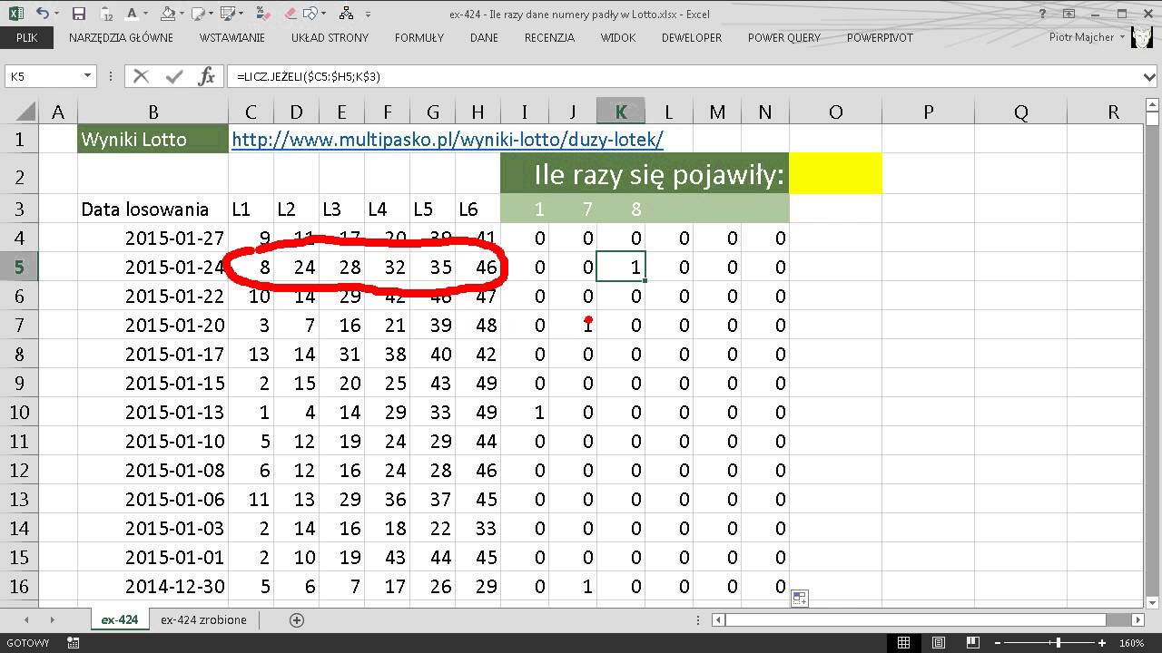 excel-424 - Ile razy dane numery padły w Lotto
