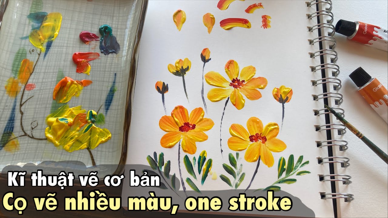 Vẽ cơ bản 6: sử dụng cọ vẽ nhiều màu | hiệu ứng vẽ hoa lá one stroke painting