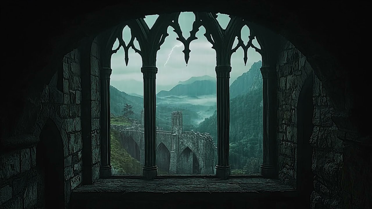 4K Rainy Medieval Castle Window View - Cozy Thunderstorm Sounds - Ambience for Reading Deep Sleep