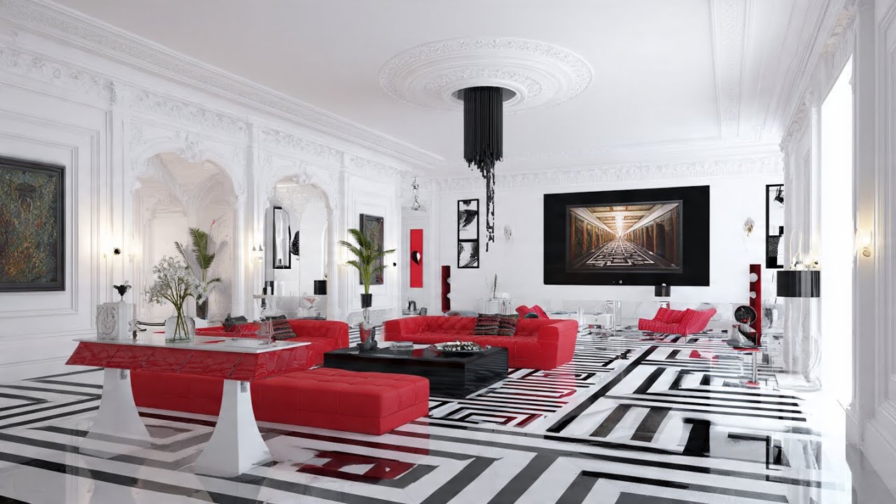 Beautiful Monochromatic Living Rooms/Black, White and Reds