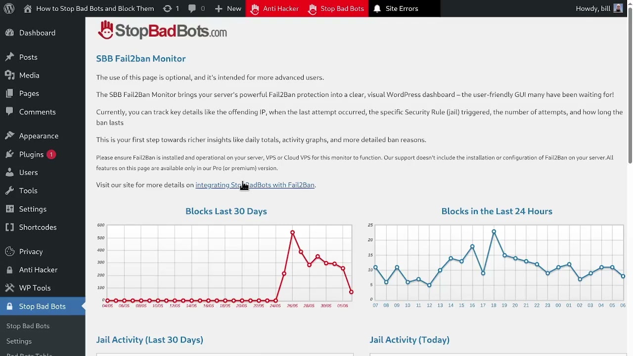 GUI dashboard integration for fail2ban and Stop Bad Bots - 1 minute video