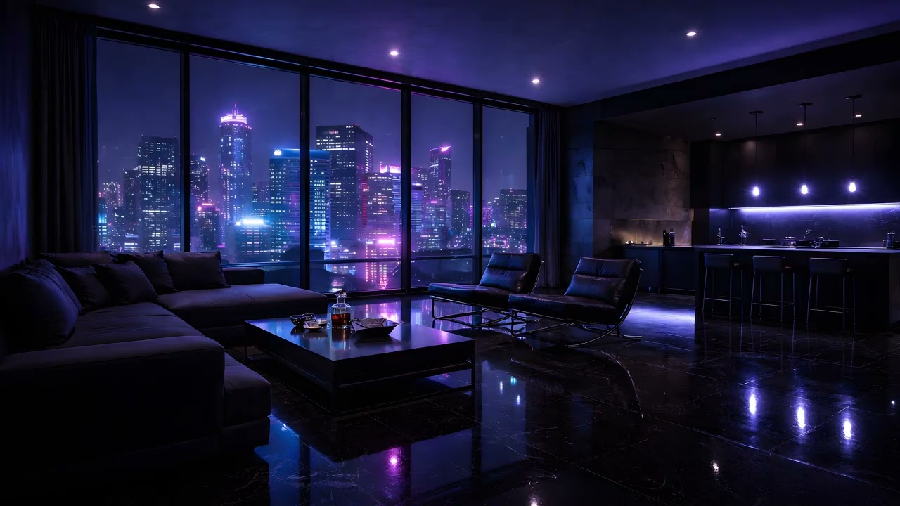 4K CYBERPUNK LUXURY - Dark Minimalist Interior - 1 Hour Neon Mood TV Frame (No Sound)