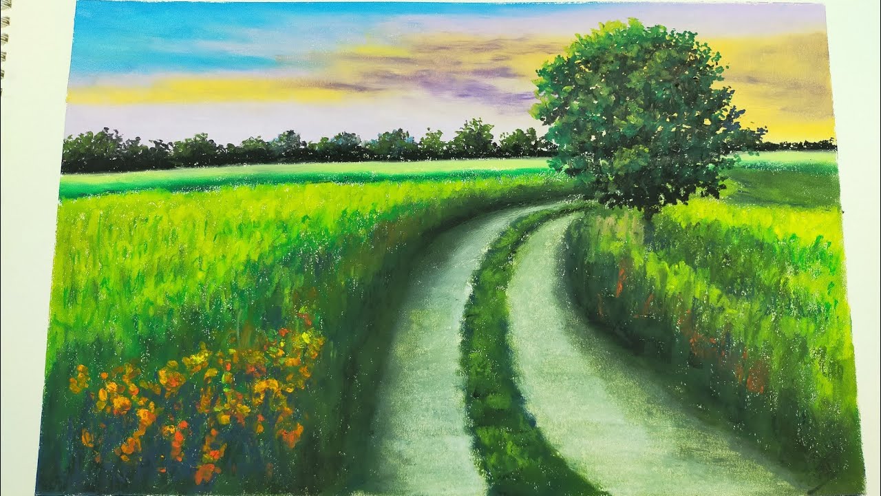Oil pastel drawing/ Road scenery oil pastel drawing/Beautiful afternoon Field scenery drawing