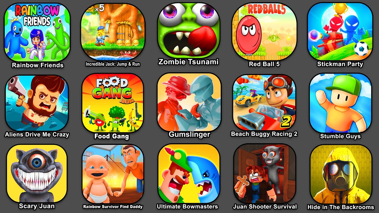 Rainbow Friends Hide And Seek, Incredible Jack, Zombie Tsunami, Ball 5, Stickman Party