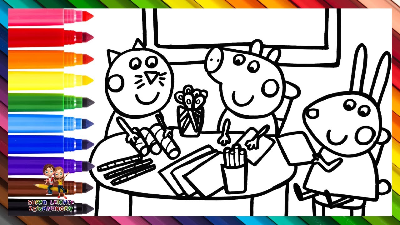 Male und zeichne Peppa Wutz und ihre Freunde zurück zur Schule 🐷🐱🐑🎒📚✏️🏫 Zeichnungen für Kinder