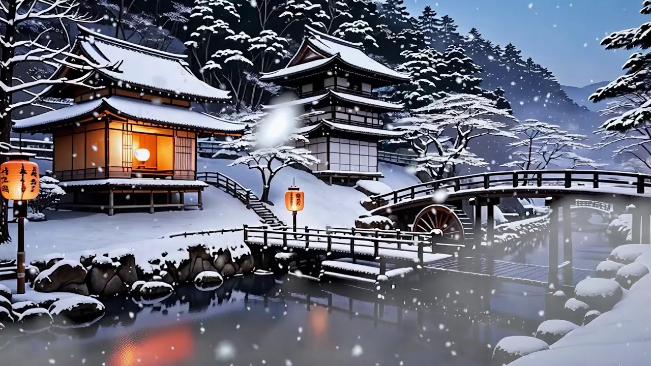 12h Ambient Zen | Music and Water Sounds for Sleep and Relaxation🌙 | 冬の水車瞑想音楽 | Thiền Mùa Đông Vol42