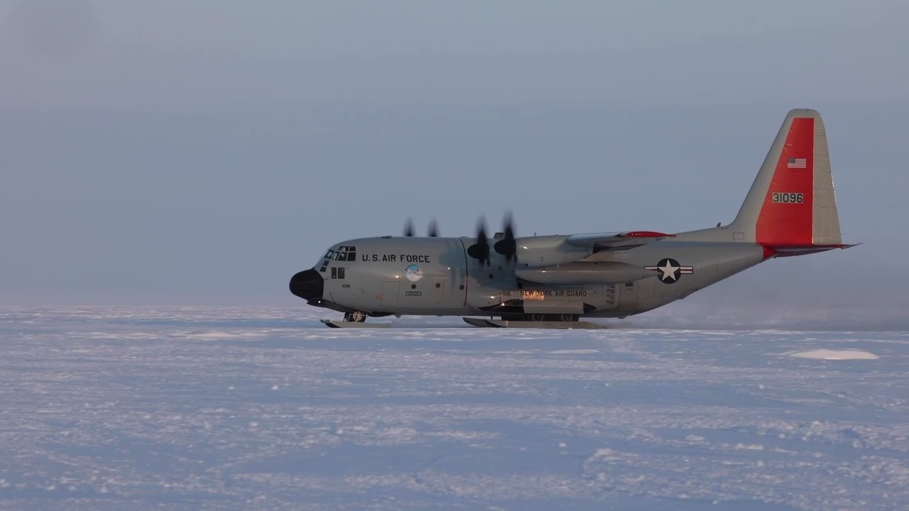 LC-130 landing in man made runway in the arctic.