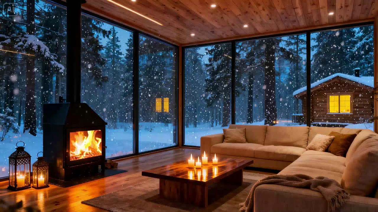 Cozy Fireplace Night in a Winter Cabin  Falling Snow Outside with Calm Sleep Ambience