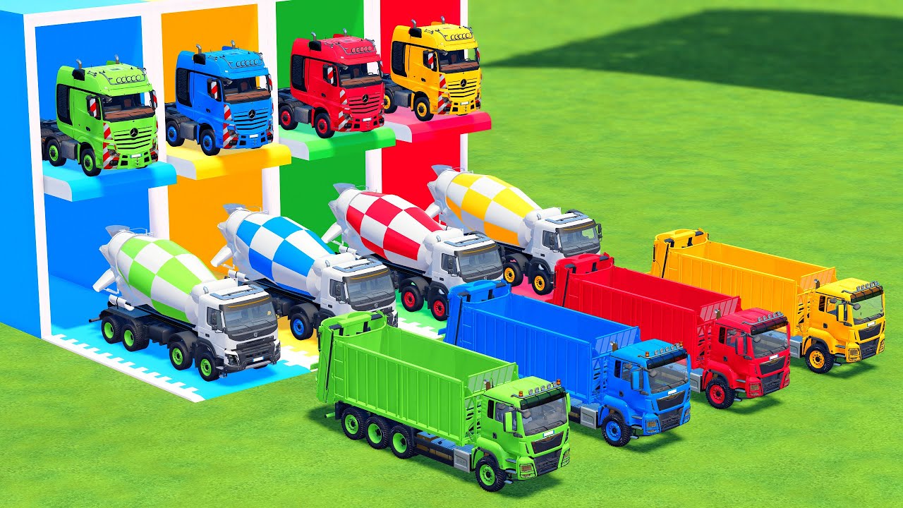 TRANSPORTING DOUBLE FLATBED TRAILER TRUCK, MIXER TRUCK, DUMP TRUCK, MERCEDES, VOLVO, MAN, BMW - FS22