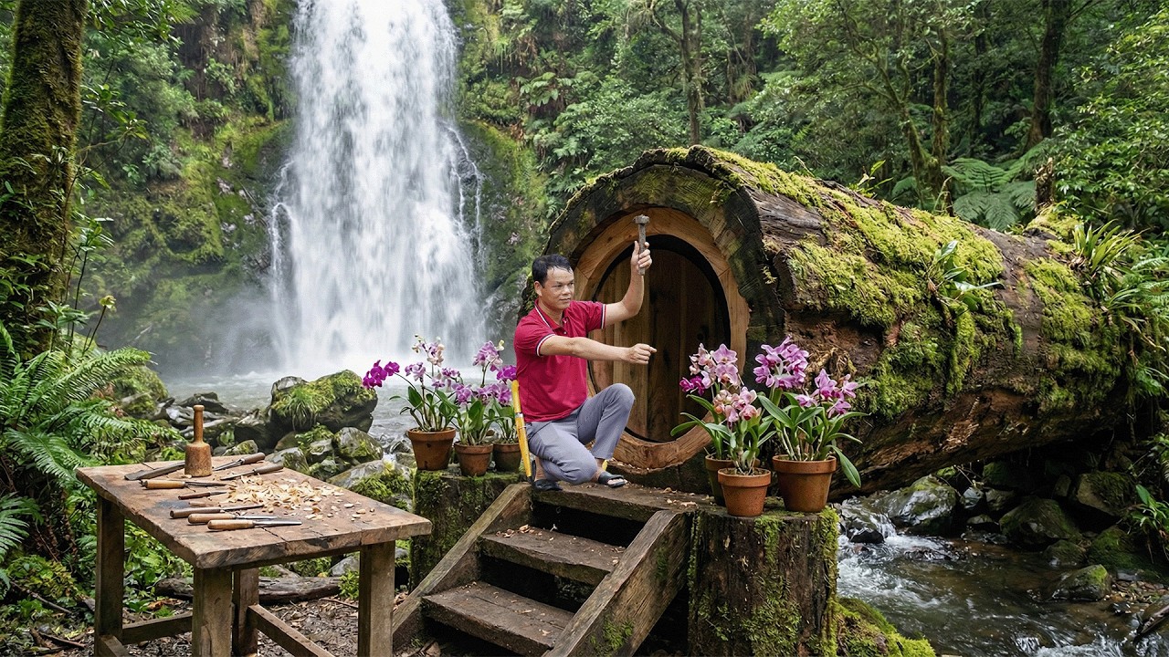 Full Video : 30 Days Building a Cozy Wooden Cabin in a Giant Fallen Tree