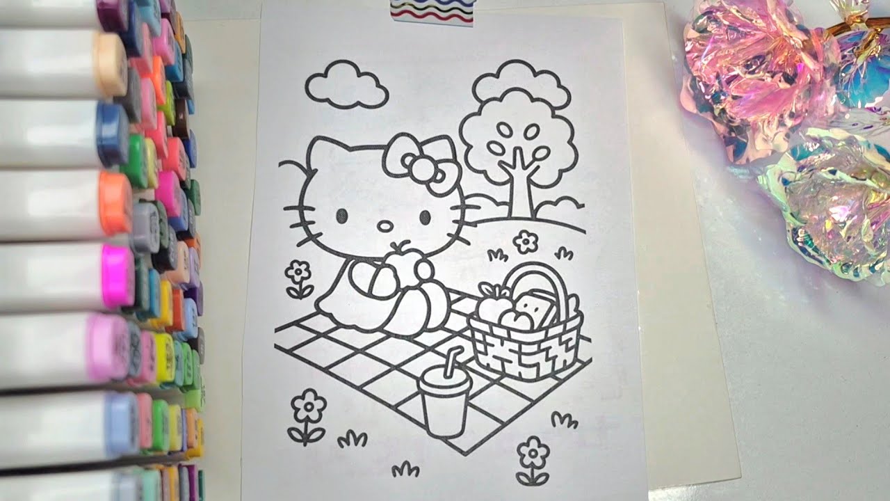 Cozy Coloring | Kitty Eating Apple at Cute Picnic – Relaxing Coloring Vibes