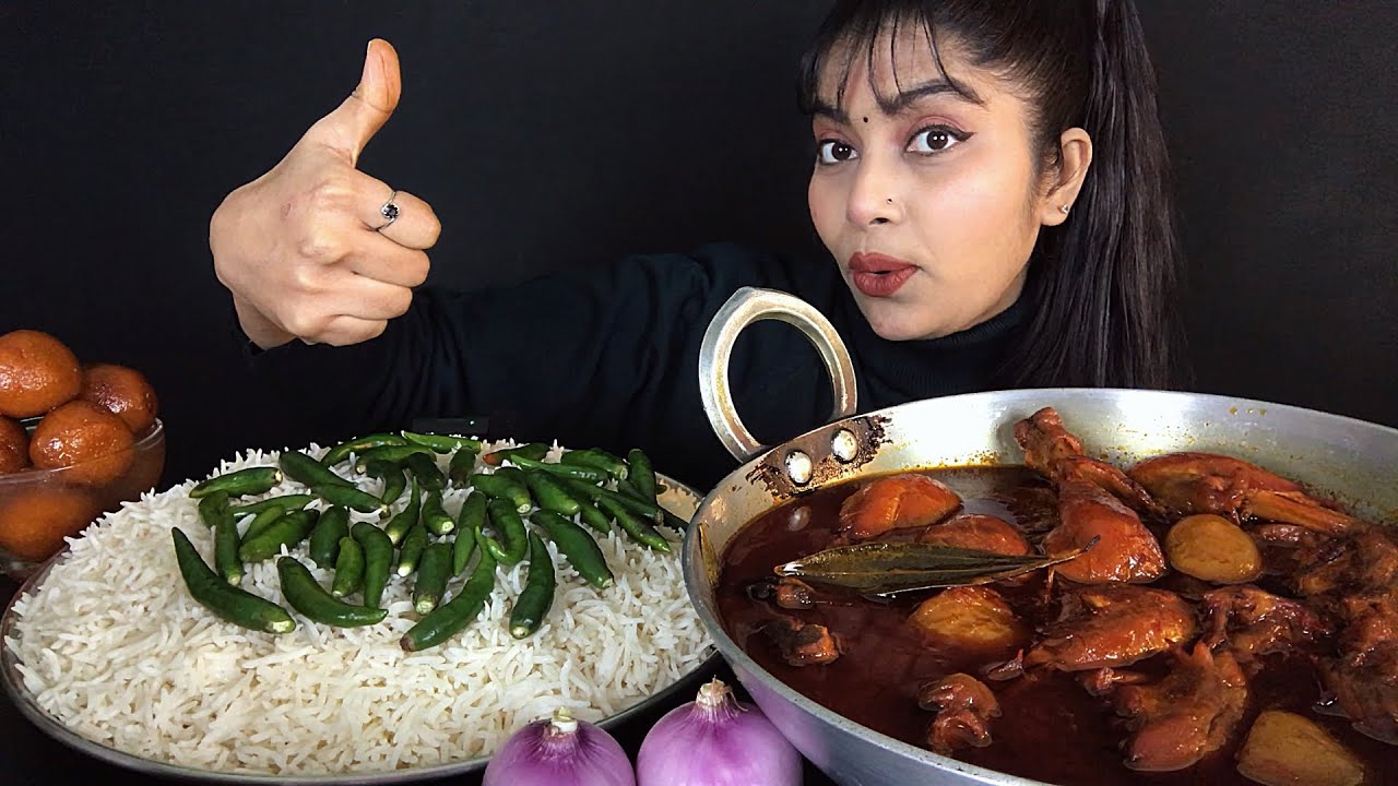 EATING LAL LAL MURGIR JHOL BASMATI RICE CHILLI WITH GULAB JAMUN | BIG BITES ASMR | MUKBANG SHOW