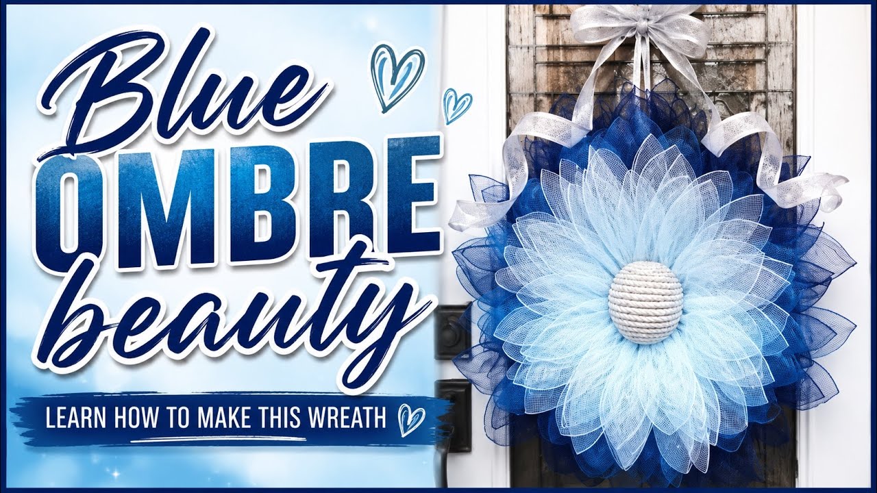 Easy DIY Blue Ombre Deco Mesh Flower Wreath on UITC Large Board