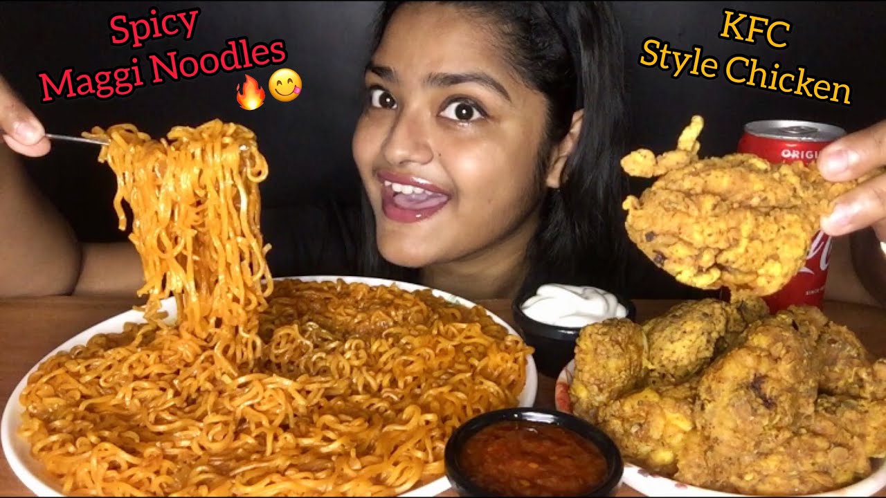 SPICY MAGGI MASALA NOODLES WITH KFC STYLE FRIED CHICKEN | EATING SOUNDS | FOOD EATING VIDEOS