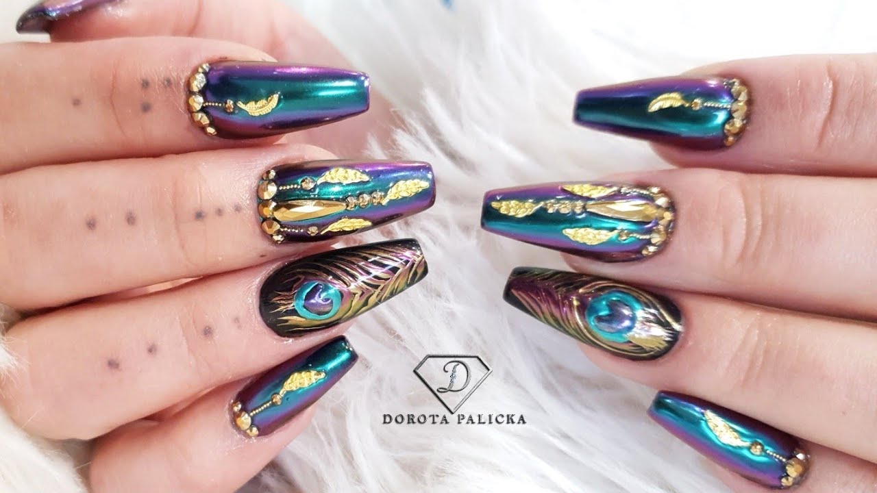 Chrome pigments nail art. Chameleon chrome nails. Peacock nails 🦚.