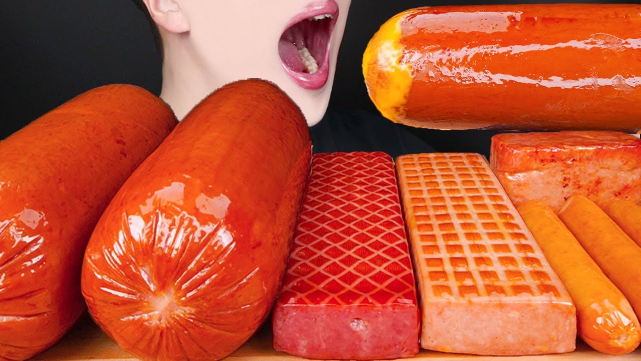 ASMR GIANT CHEESY SAUSAGE SPICY SPAM FIRE SAUCE COOKING MUKBANG 대왕 소세지 스팸 먹방 咀嚼音 Sosis EATING SOUNDS