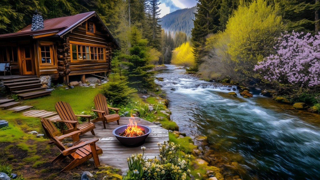 Spring Calm by the Riverside Cabin 🌿 Flowing River & Soft Forest Sounds