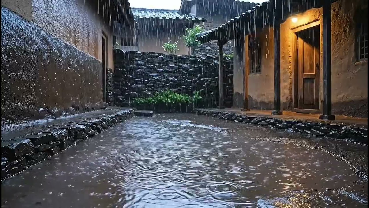 Midnight Rain in a Village Courtyard 🌧️ Calm Night Ambience for Deep Sleep
