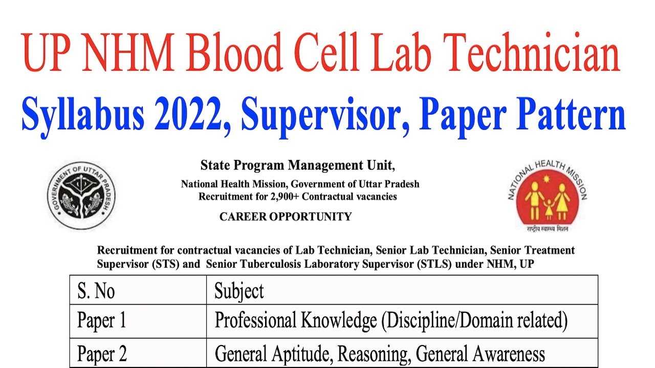 UP NHM Blood Cell Lab Technician Syllabus 2022, Supervisor, Paper Pattern