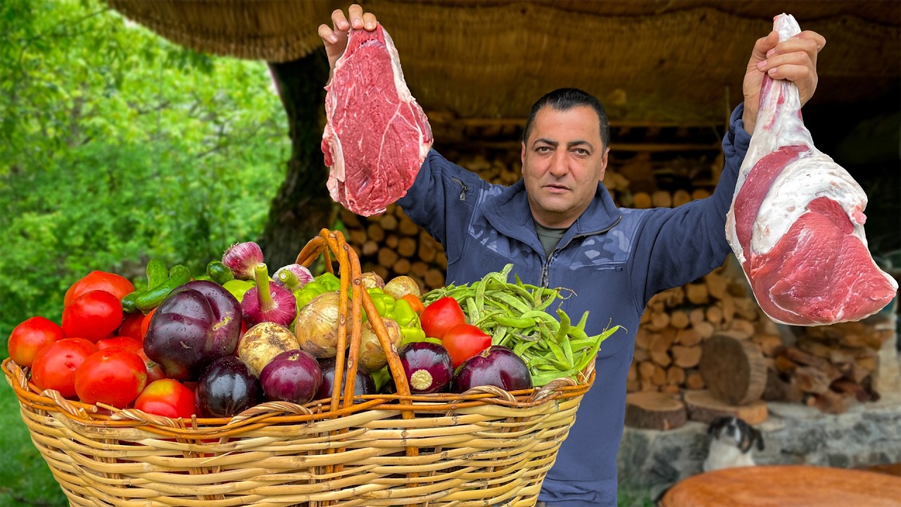 عشاء صحي ولذيذ من الخضار الطازجة واللحم المشوي في الفرن