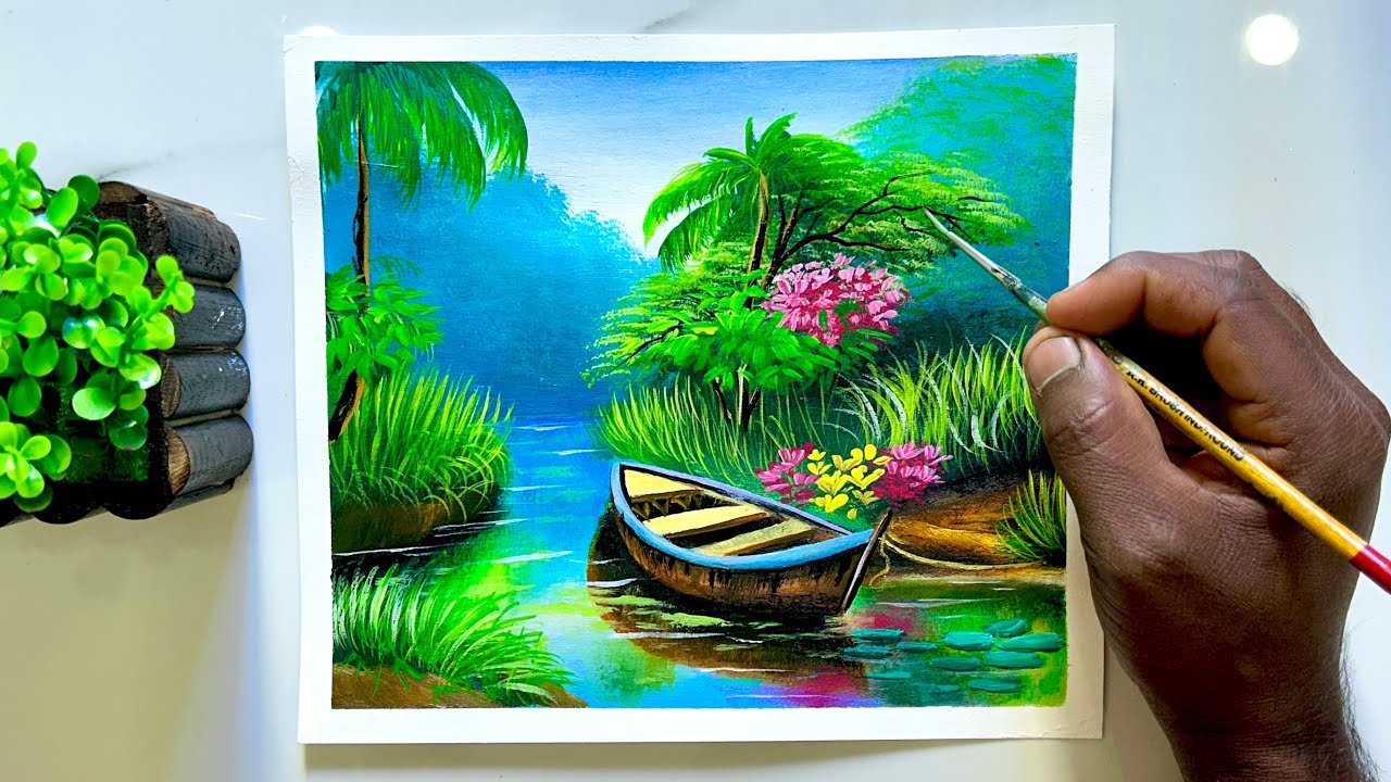 Beautiful River Painting| Nature painting| Water Colour Landscape Painting For Beginners 