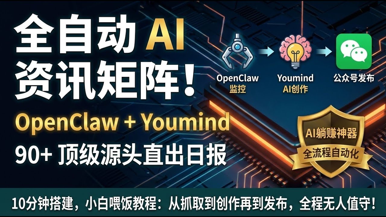 用 OpenClaw 搭建全自动 AI 资讯站：从抓取到 Youmind 创作再到公众号发布文章，一键躺平！🤖