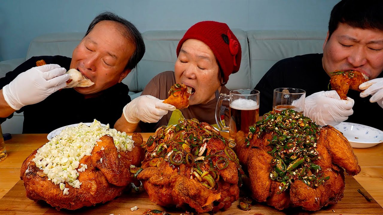 🍗Жареная курица с острым чили, чесноком и соусом из зеленого лука - шоу Mukbang eating show