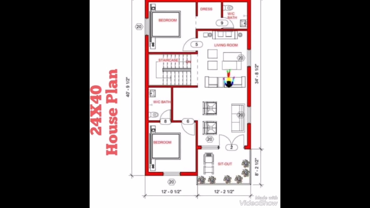24X40 House plan with All dimensions and all text