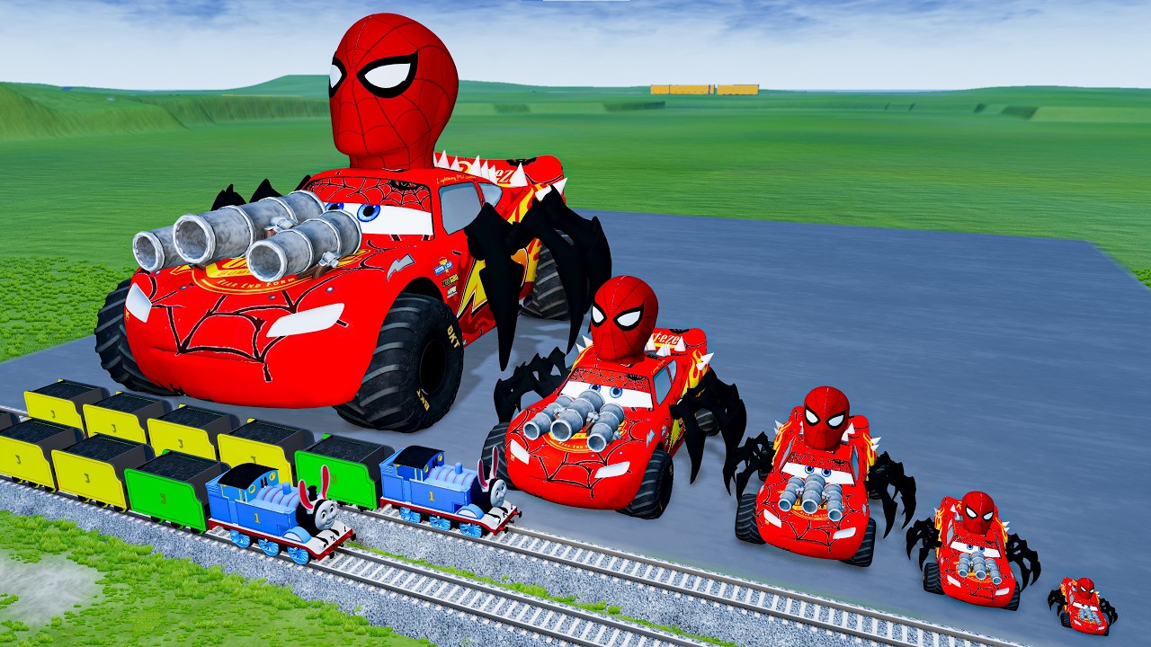 Giant EXCAVATOR TRAIN Mack Truck Eater VS Cars Lightning McQueen & Police Car - Beamng.Drive