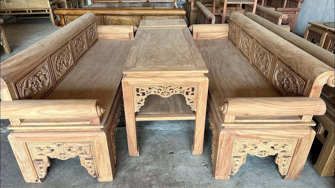 Bộ trường kỷ gỗ gõ Niger mặt ghế liềm tấm dầy 3cm