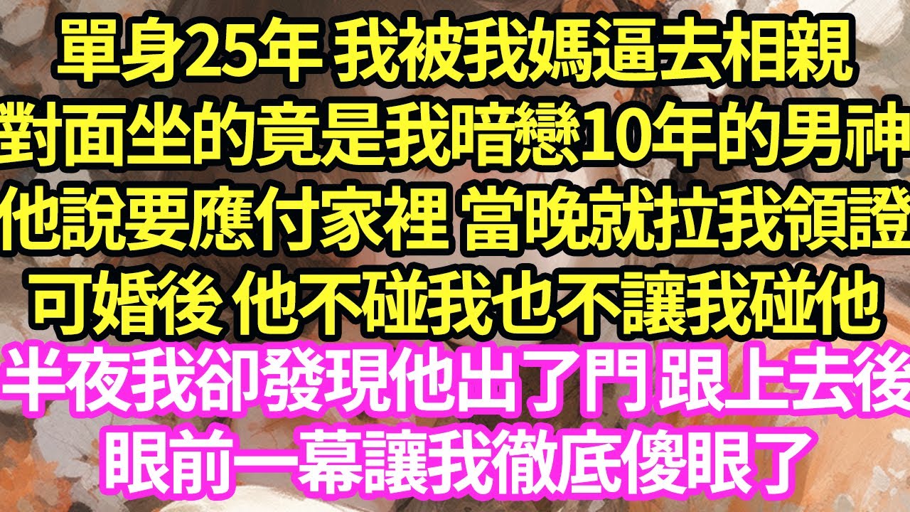 單身25年 我被我媽逼去相親，對面坐的竟是我暗戀10年的男神，他說要應付家裡 當晚就拉我領證，可婚後 他不碰我也不讓我碰他，半夜我卻發現他出了門 跟上去後眼前一幕讓我徹底傻眼了#甜寵#小說#霸總