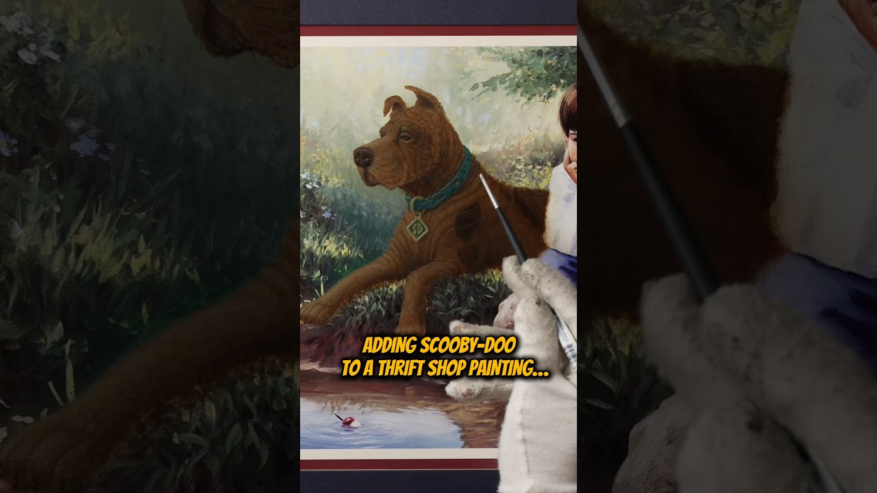 I&rsquo;m adding Scooby-Doo to a thrift store painting! 🐕 Any suggestions?! 👀 #scoobydoo #art #thrift