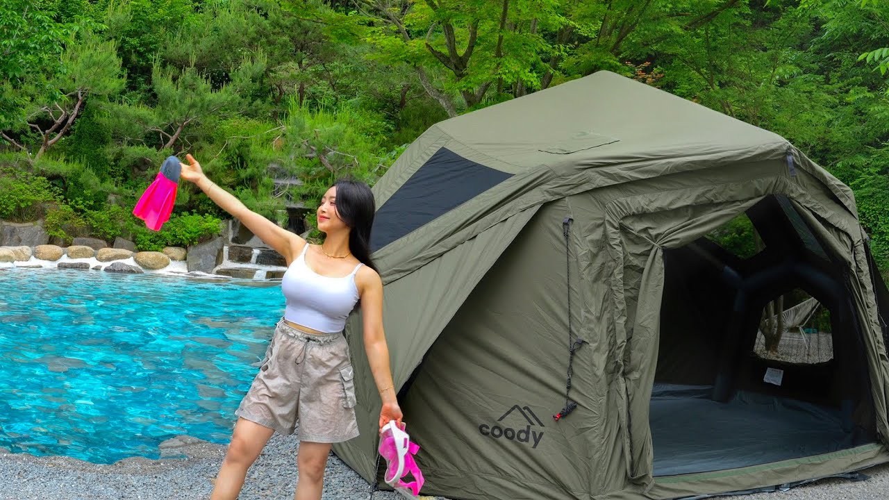 ОТДЫХ В ОДНОМ КЕМПИНГЕ С НАДУВНОЙ ПАЛАТКОЙ РЯДОМ С ИЗУМРУДНЫМ БАССЕЙНОМ.🏖️ КЕМПИНГ ASMR .