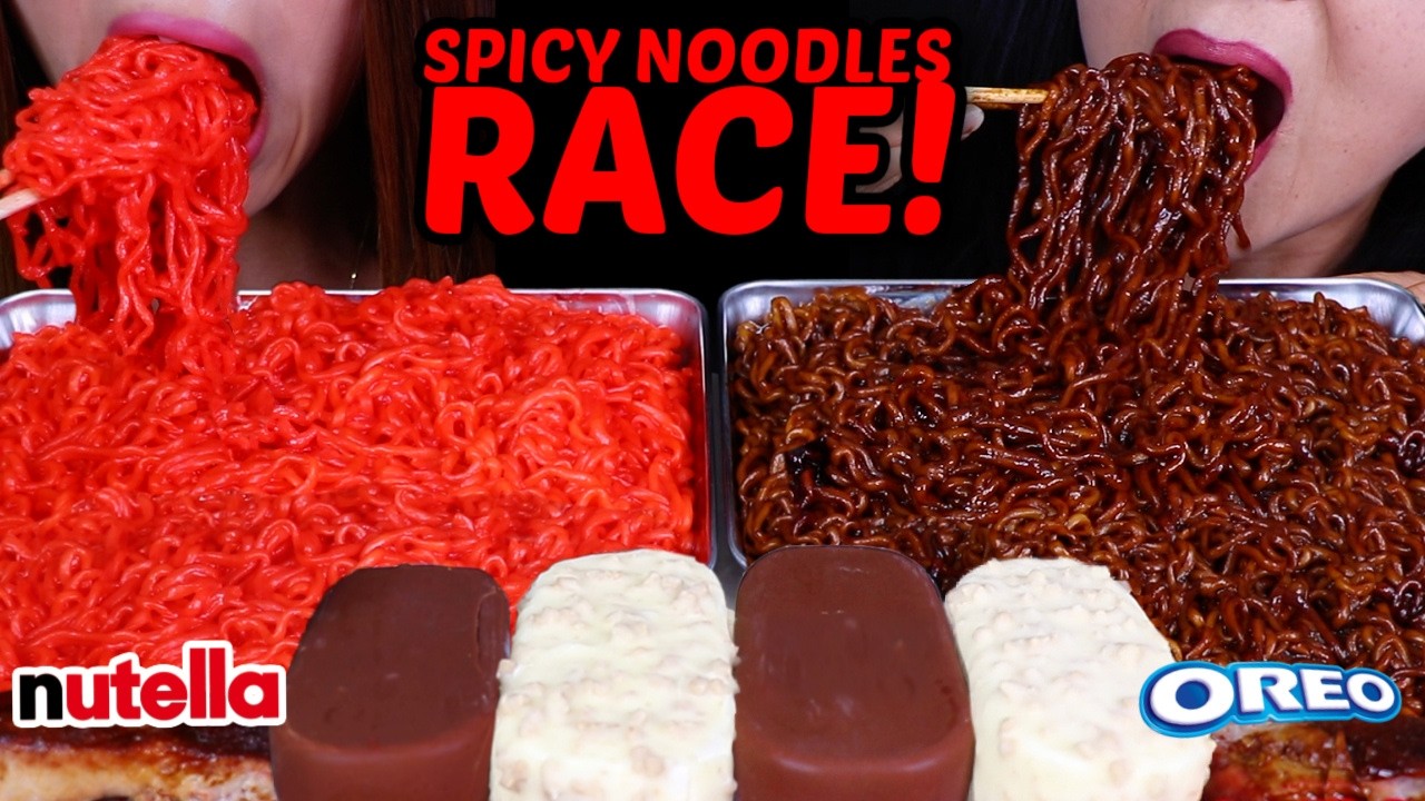 ASMR SPICY NOODLES RACE! Milk & White Chocolate ice cream bars, 10X Buldak Ramen vs Jjajang Ramen 먹방