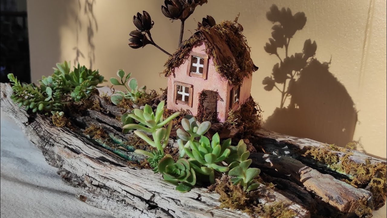 Succulent Garden with Mini House and Solar Panel • Peaceful Tiny Wood Art • Home Decor Inspiration