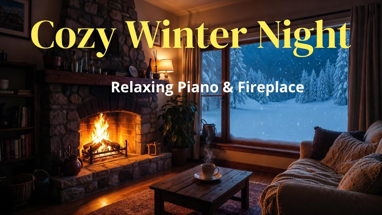 3 Hours Warm Fireplace & Soft Piano 🔥❄️ Cozy Winter Night Ambience with Falling Snow for Relax