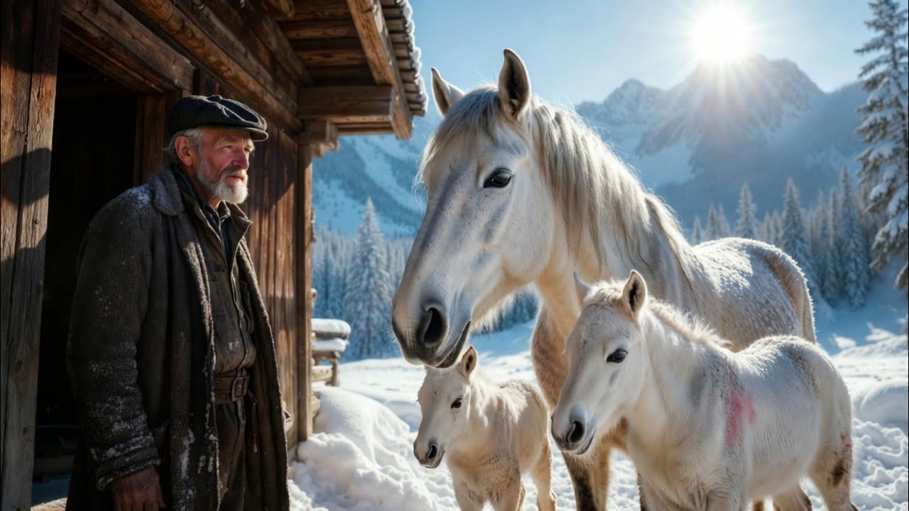 ¡Un Pobre Granjero Dejó Entrar A Un Caballo Gigante Y Sus Potros En La Nieve… Lo Que Pasó Después Te