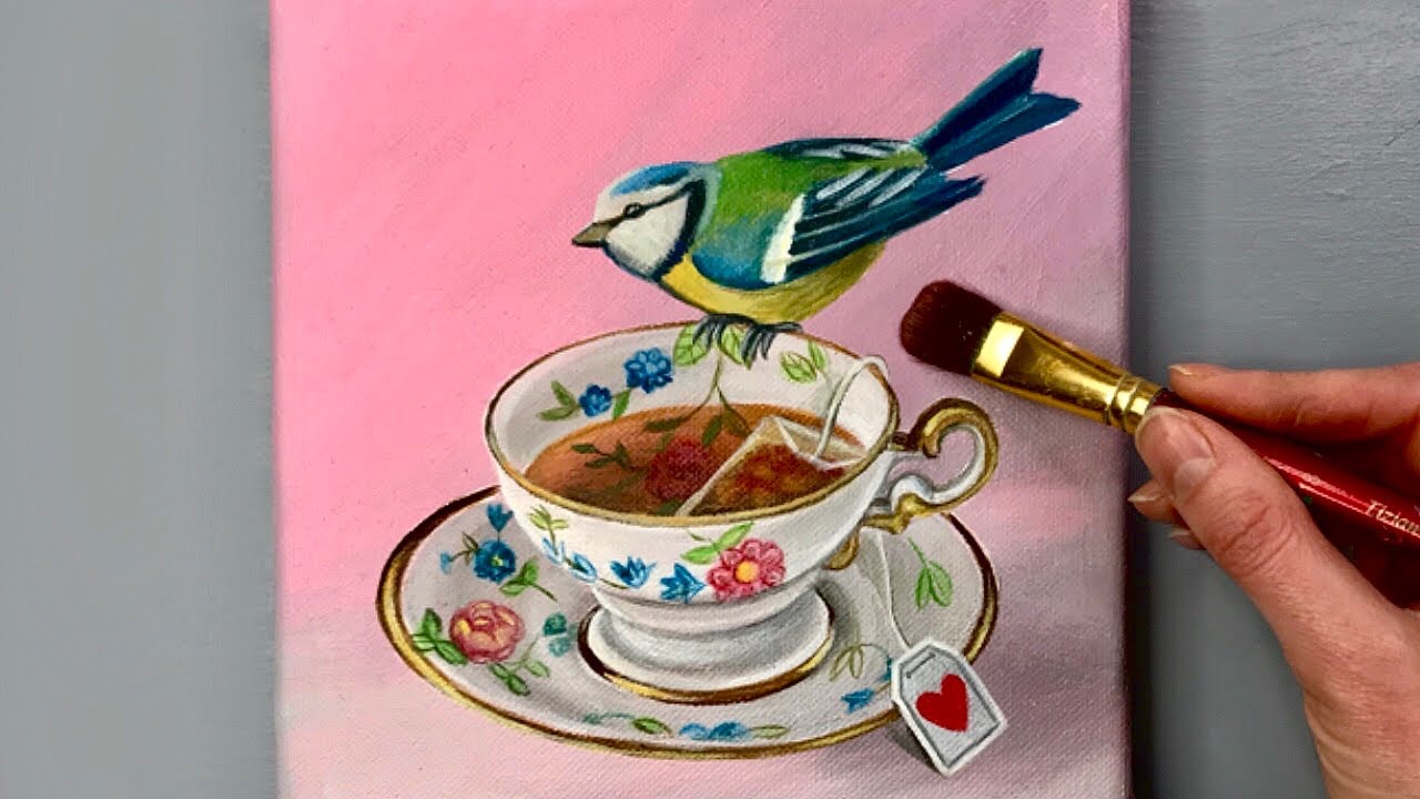 365 days challenge-day16/ Step by Step Acrylic Painting for Beginners/ tea cup