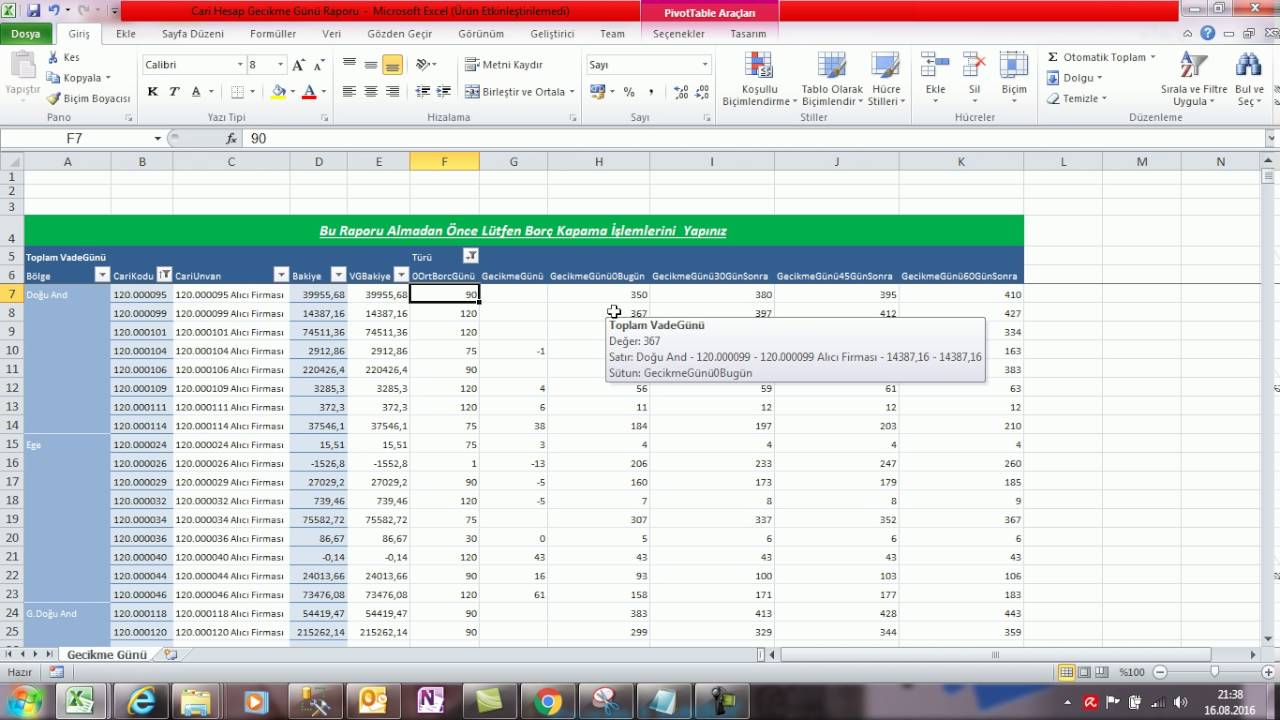 MS Office Dinamik Rapor Cari Hesap Vade Gecikme G&uuml;n&uuml;