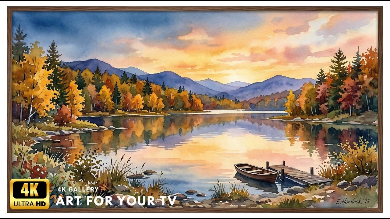 Peaceful Mountain Lake Cabin 4K Nature Scene | Framed Art TV Screensaver